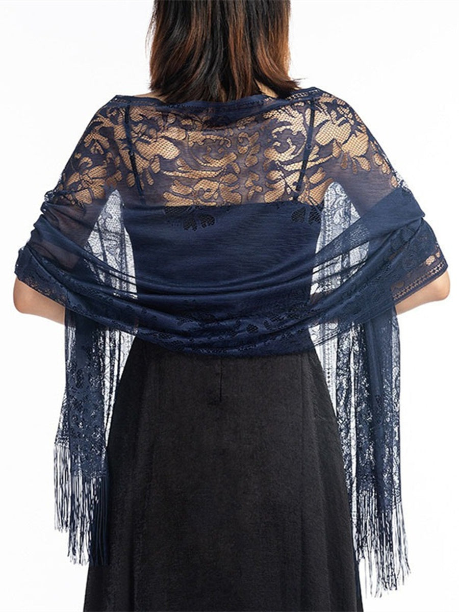 Women's Solid Colored Fringed Scarf Cape with Floral Cut-out