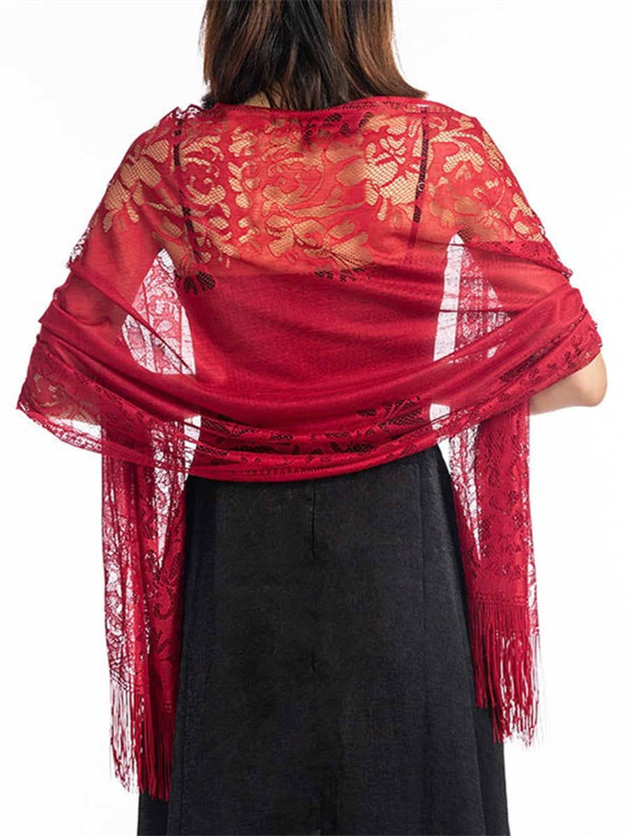 Women's Solid Colored Fringed Scarf Cape with Floral Cut-out