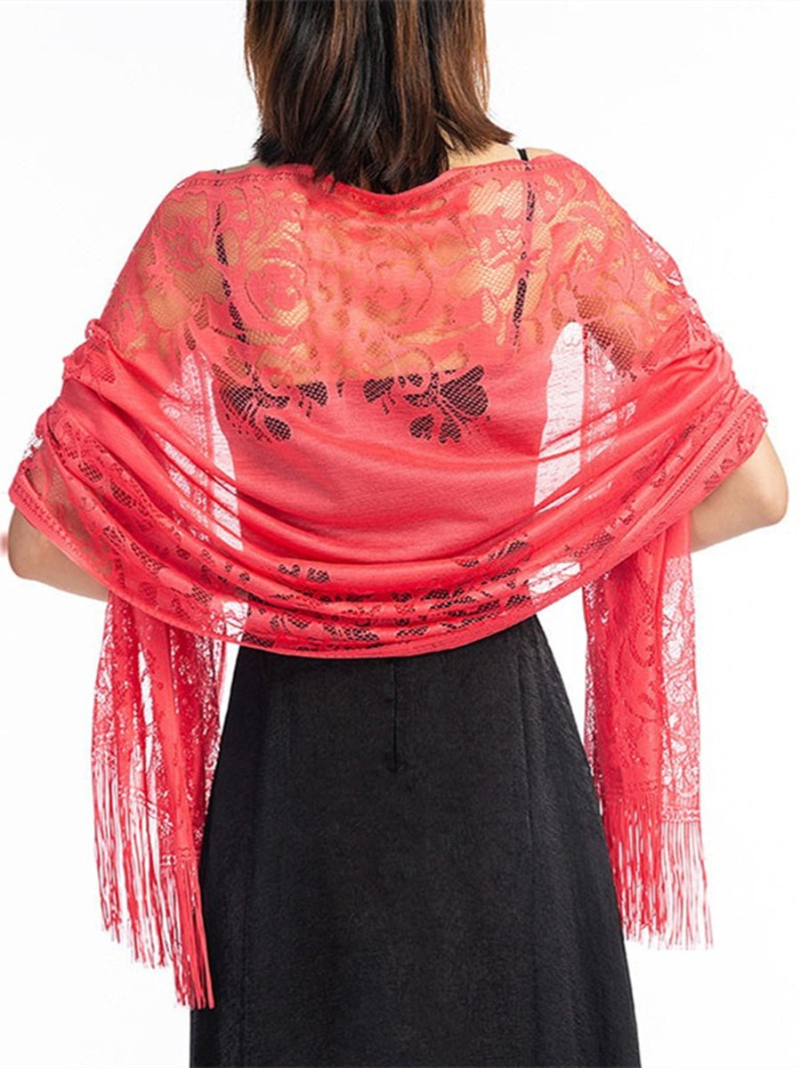 Women's Solid Colored Fringed Scarf Cape with Floral Cut-out