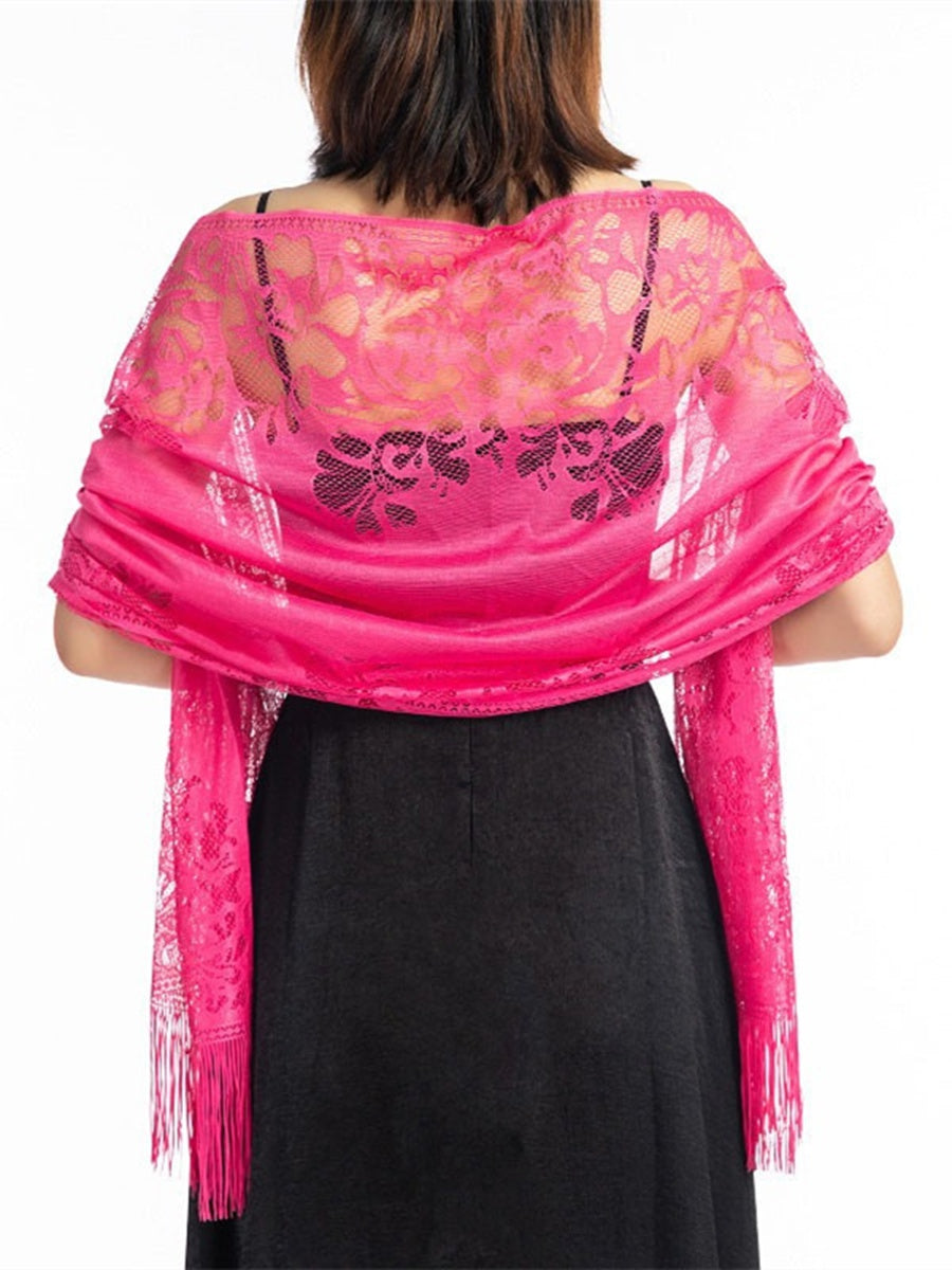 Women's Solid Colored Fringed Scarf Cape with Floral Cut-out