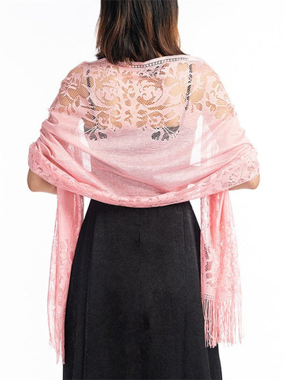 Women's Solid Colored Fringed Scarf Cape with Floral Cut-out