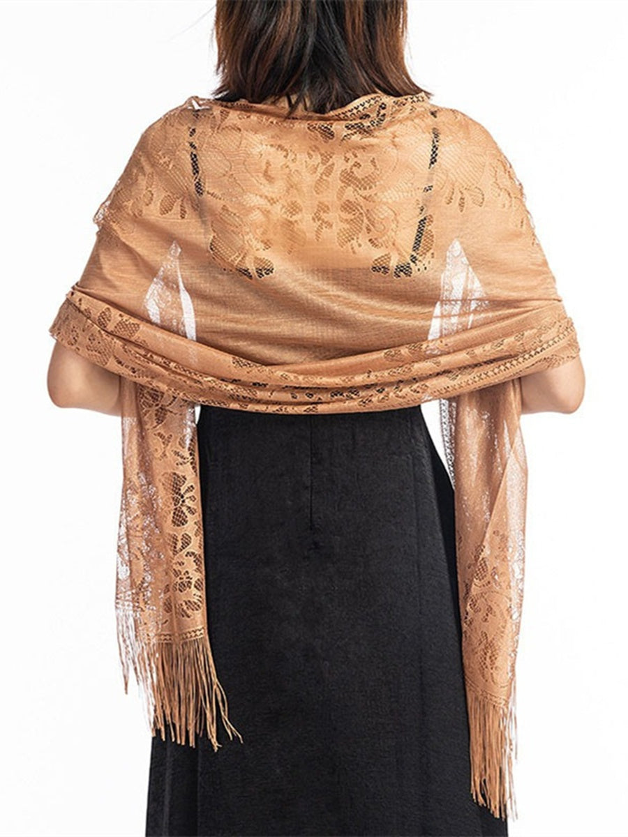 Women's Solid Colored Fringed Scarf Cape with Floral Cut-out