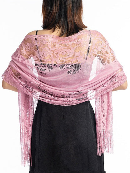 Women's Solid Colored Fringed Scarf Cape with Floral Cut-out