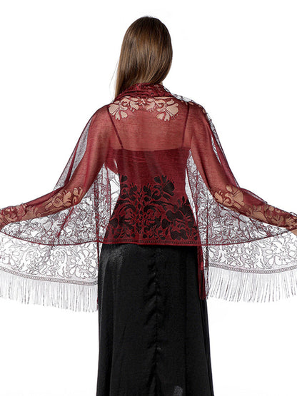 Women's Solid Colored Fringed Scarf Cape with Floral Cut-out