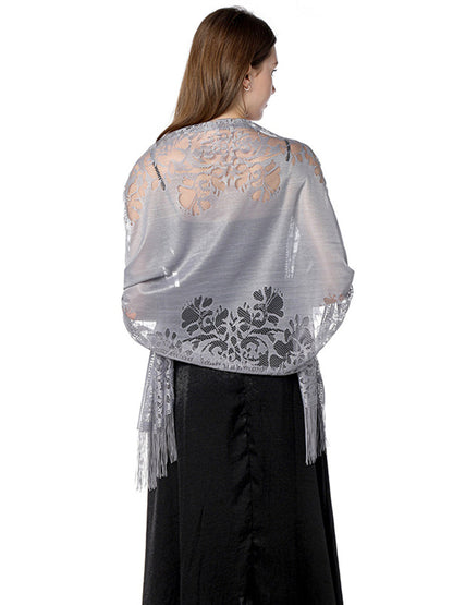 Women's Solid Colored Fringed Scarf Cape with Floral Cut-out
