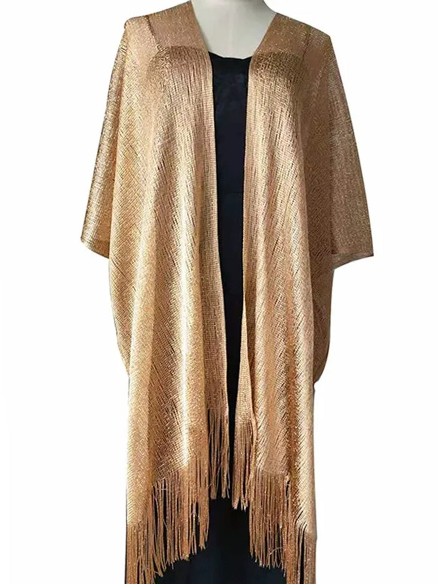 Women's Sparkling Solid Colored Party Scarf Cape with Tassels