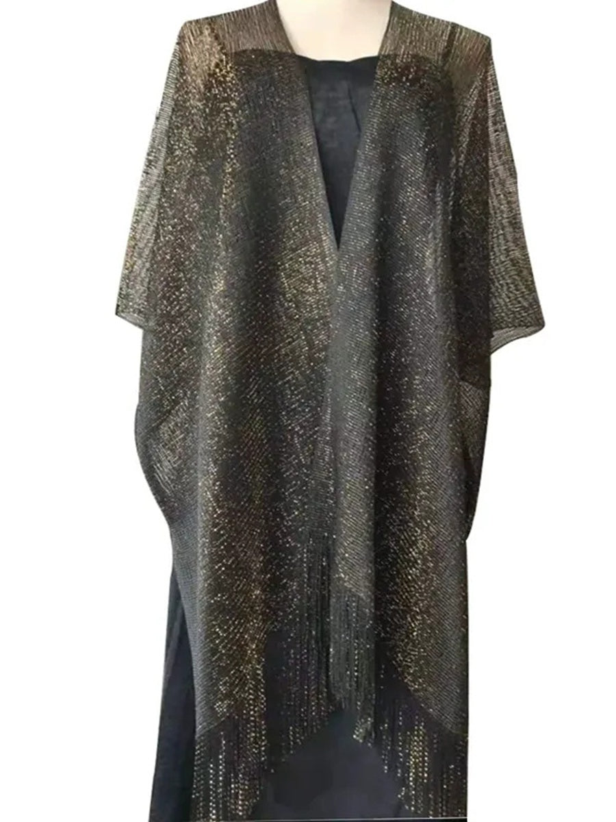 Women's Sparkling Solid Colored Party Scarf Cape with Tassels