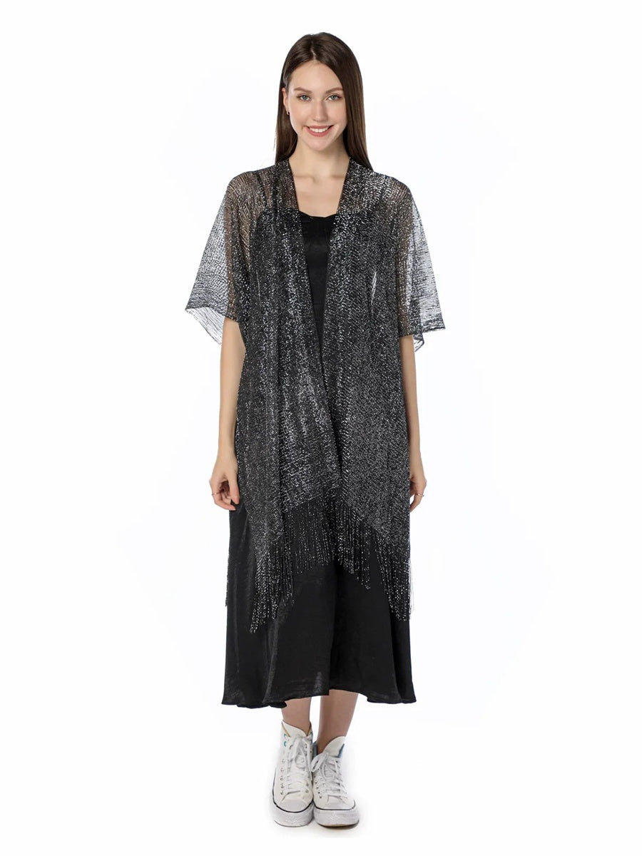 Women's Sparkling Solid Colored Party Scarf Cape with Tassels