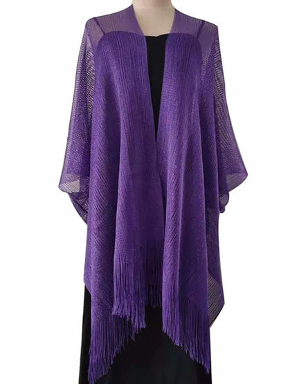 Women's Sparkling Solid Colored Party Scarf Cape with Tassels