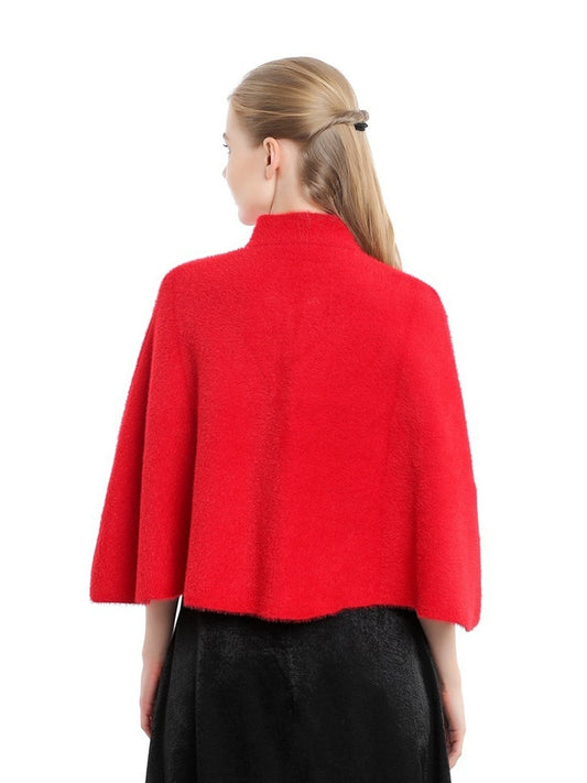Women's Elegant Knitted Solid Color Cape Shawl with Button