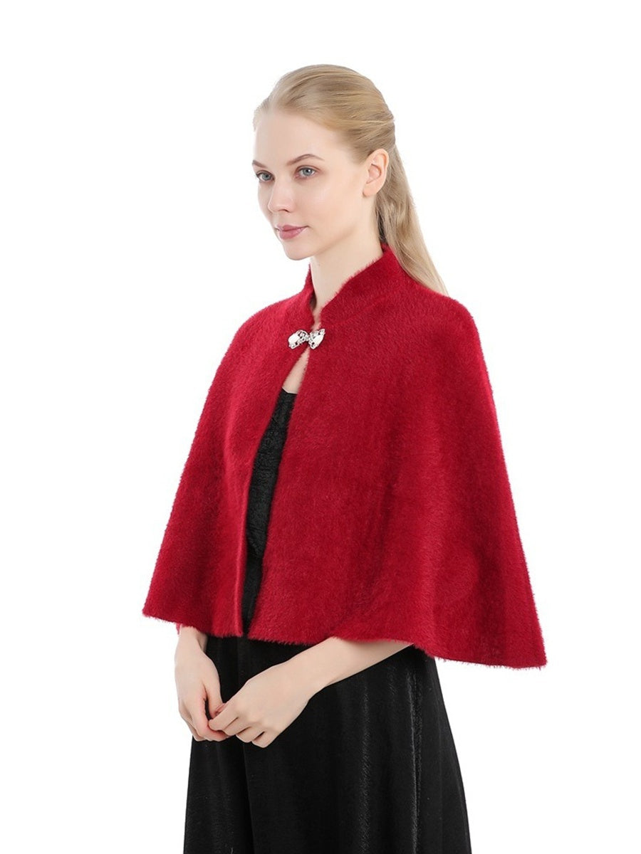 Women's Elegant Knitted Solid Color Cape Shawl with Button