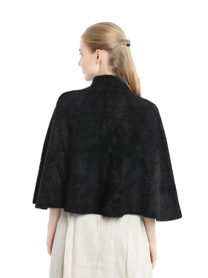 Women's Elegant Knitted Solid Color Cape Shawl with Button