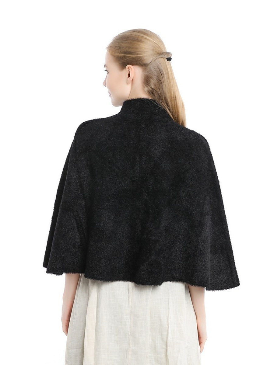 Women's Elegant Knitted Solid Color Cape Shawl with Button