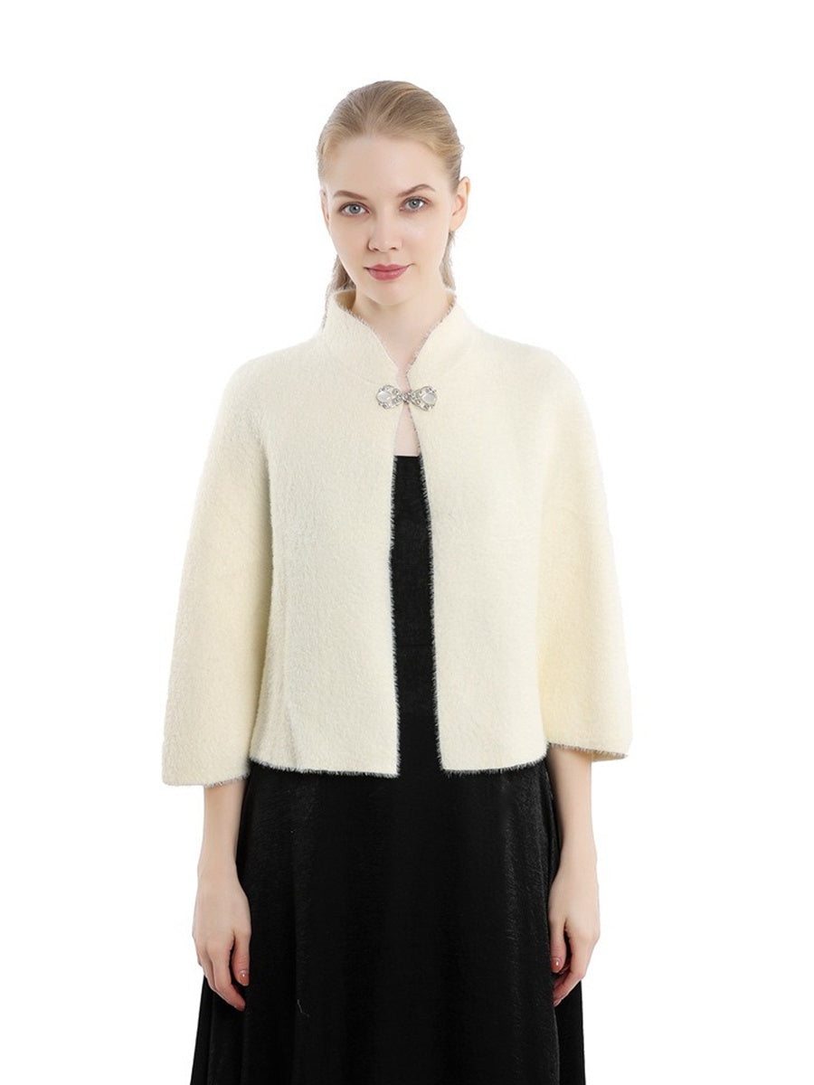 Women's Elegant Knitted Solid Color Cape Shawl with Button