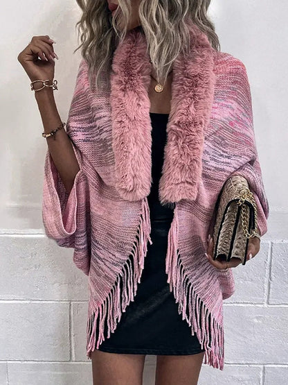 Chic Retro Striped Knitted Long Party Cape Shawl with Tassel for Women