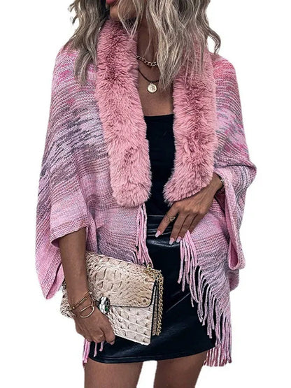 Chic Retro Striped Knitted Long Party Cape Shawl with Tassel for Women