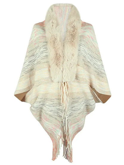 Chic Retro Striped Knitted Long Party Cape Shawl with Tassel for Women
