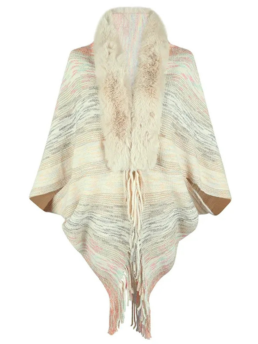 Chic Retro Striped Knitted Long Party Cape Shawl with Tassel for Women