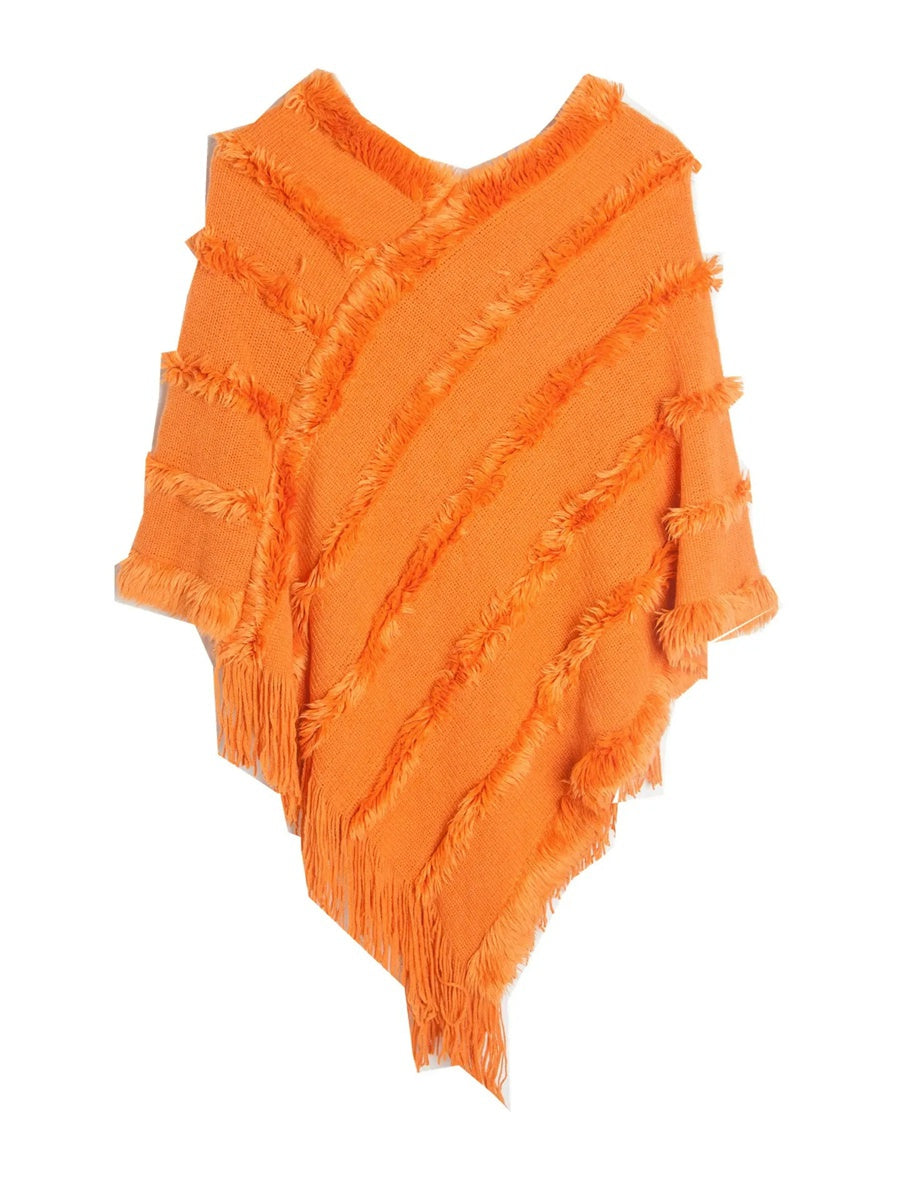 Women's Warm V-Neck Stylish Knitted Plush Fringed Shawl Cape