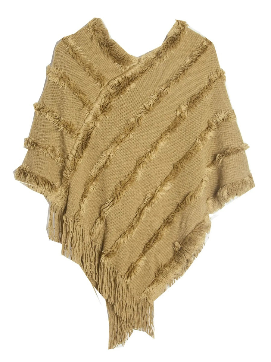 Women's Warm V-Neck Stylish Knitted Plush Fringed Shawl Cape