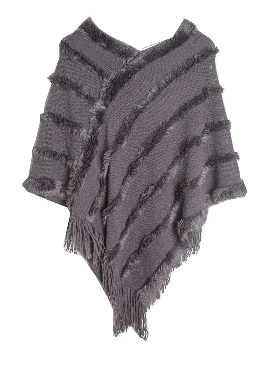 Women's Warm V-Neck Stylish Knitted Plush Fringed Shawl Cape