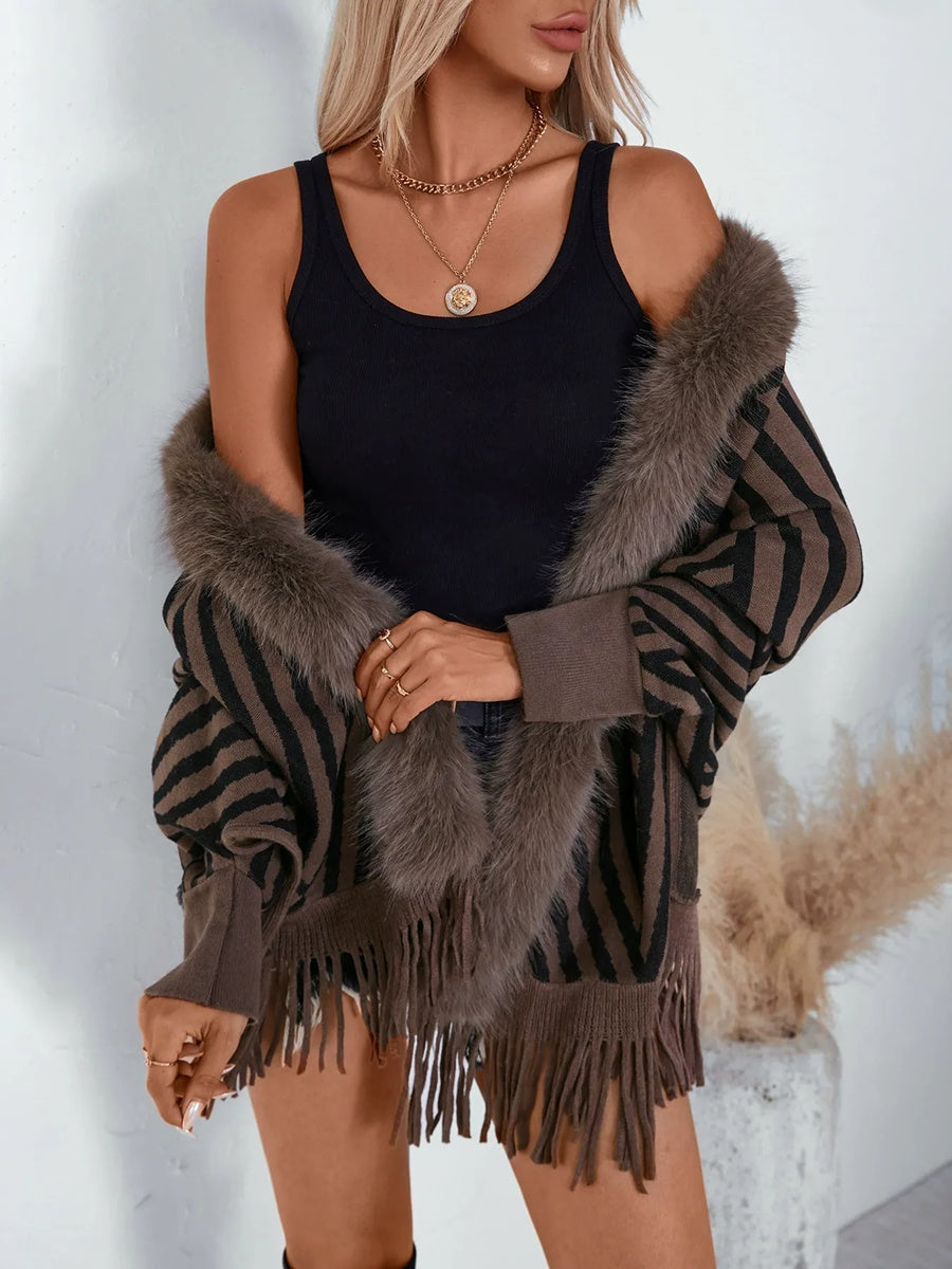 Women's Vintage Striped Knitted Chic Shawl Cape with Fur & Tassels