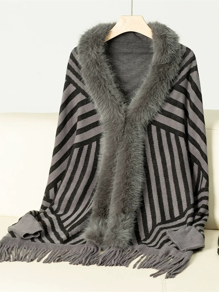 Women's Vintage Striped Knitted Chic Shawl Cape with Fur & Tassels