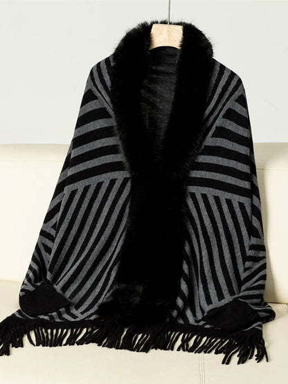 Women's Vintage Striped Knitted Chic Shawl Cape with Fur & Tassels