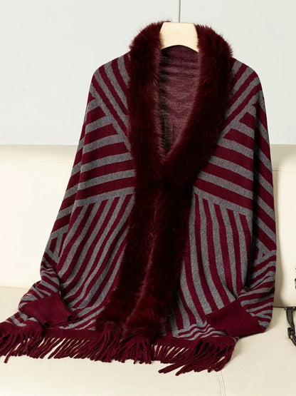 Women's Vintage Striped Knitted Chic Shawl Cape with Fur & Tassels