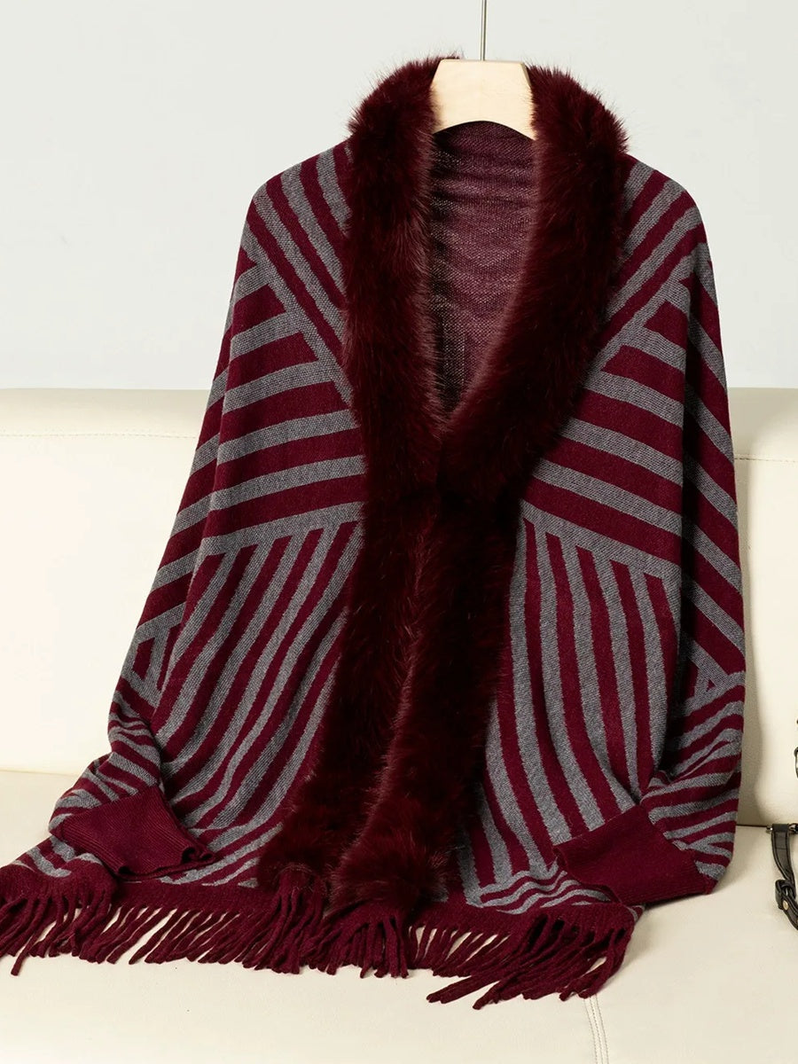 Women's Vintage Striped Knitted Chic Shawl Cape with Fur & Tassels