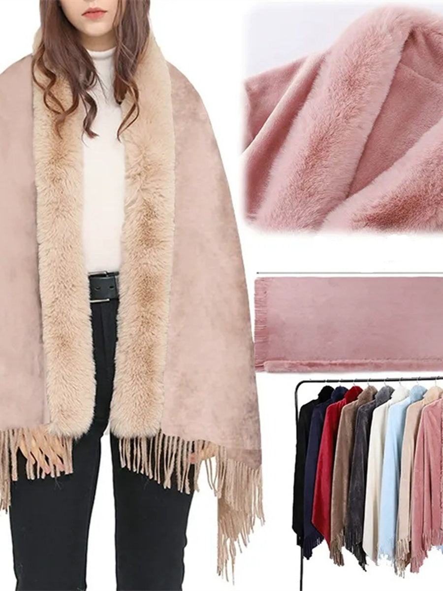Women's Solid Colored Fur Warm Soft Shawl Cape with Tassels