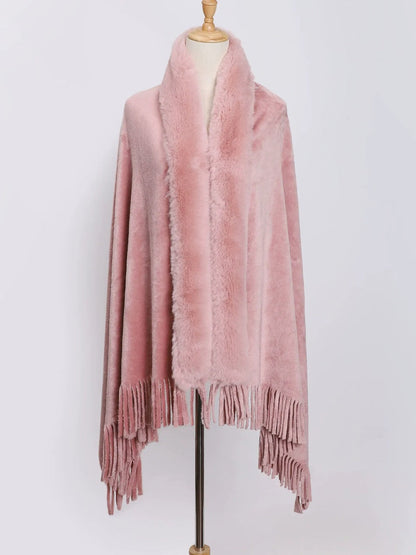 Women's Solid Colored Fur Warm Soft Shawl Cape with Tassels