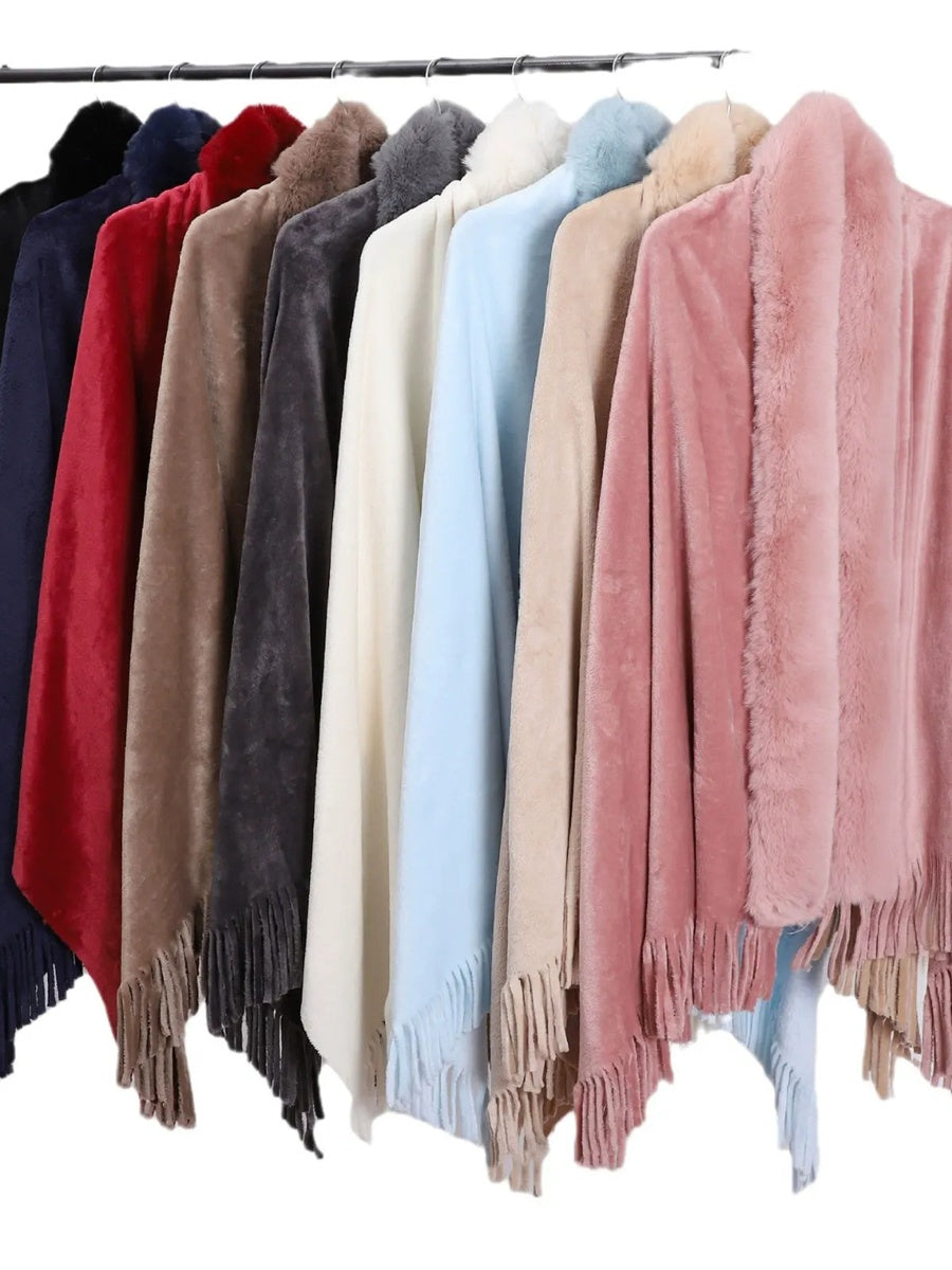 Women's Solid Colored Fur Warm Soft Shawl Cape with Tassels