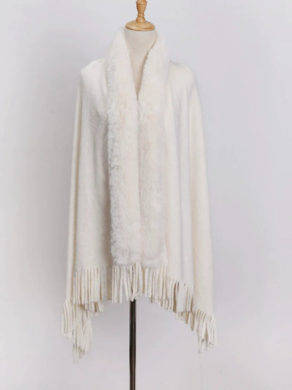 Women's Solid Colored Fur Warm Soft Shawl Cape with Tassels