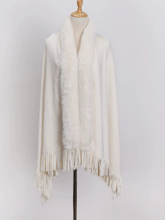 Women's Solid Colored Fur Warm Soft Shawl Cape with Tassels