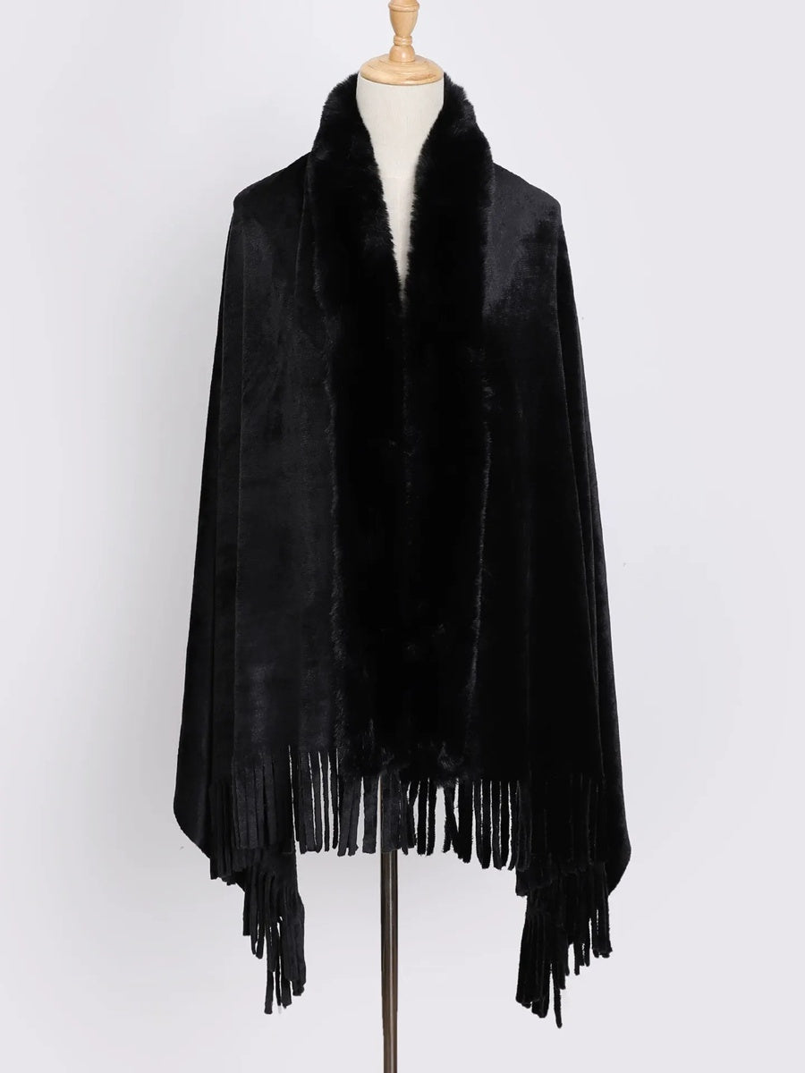 Women's Solid Colored Fur Warm Soft Shawl Cape with Tassels