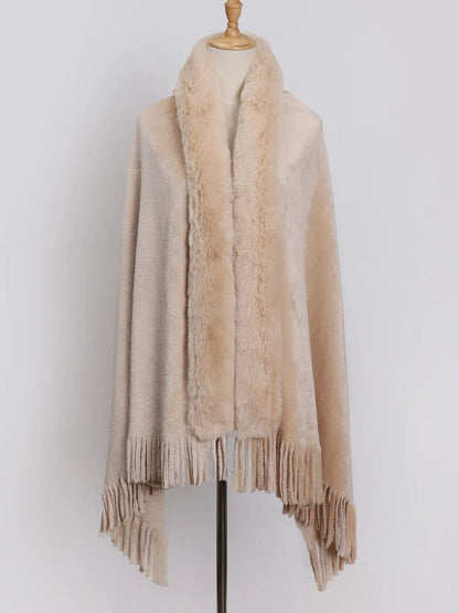 Women's Solid Colored Fur Warm Soft Shawl Cape with Tassels