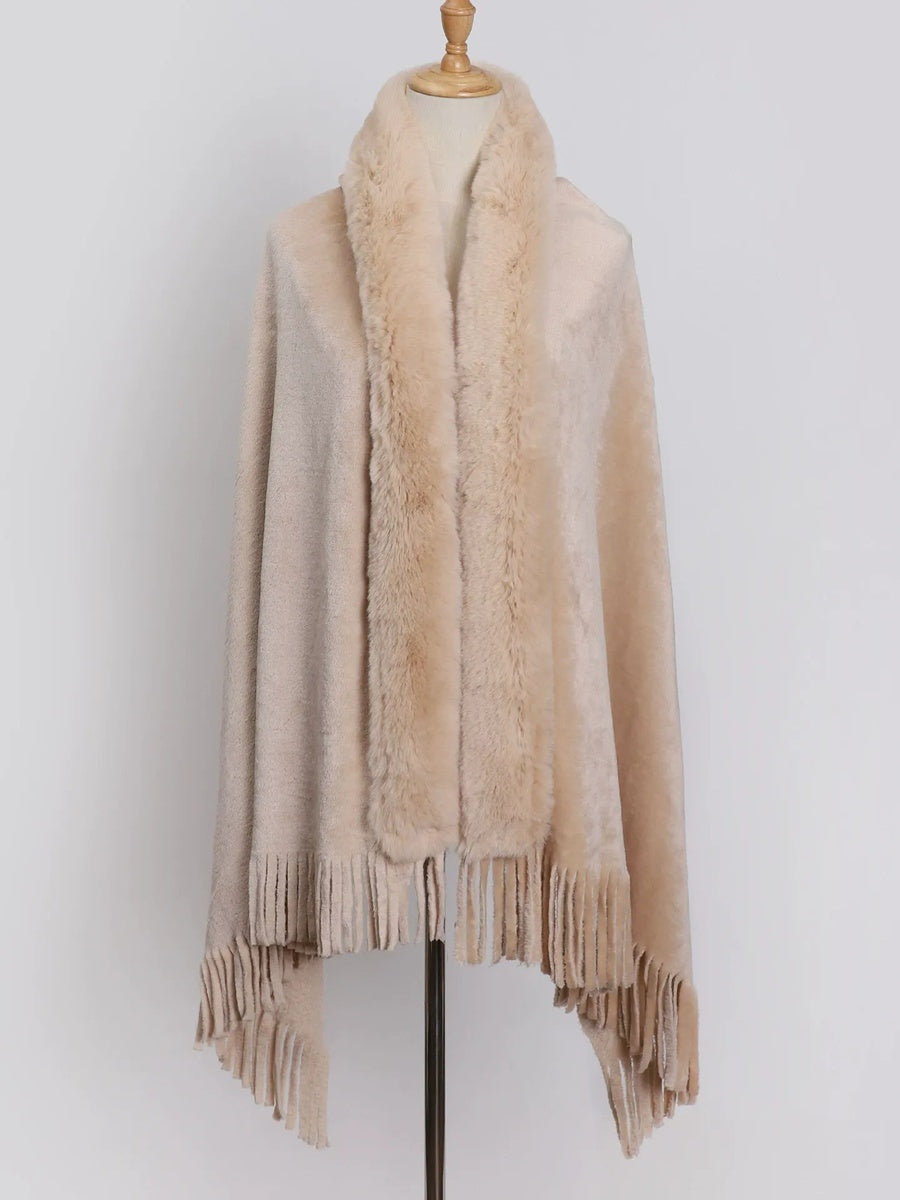 Women's Solid Colored Fur Warm Soft Shawl Cape with Tassels