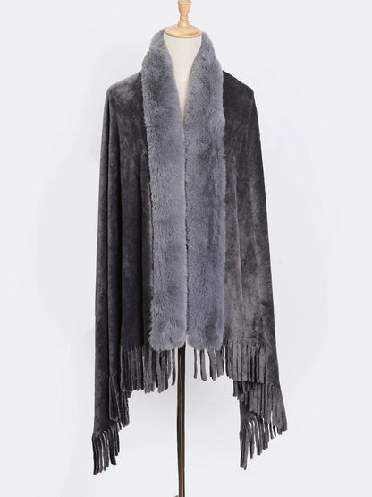 Women's Solid Colored Fur Warm Soft Shawl Cape with Tassels