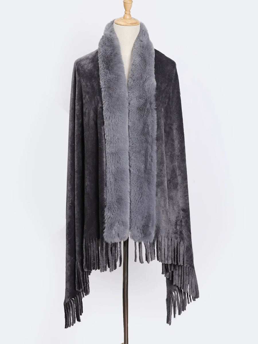 Women's Solid Colored Fur Warm Soft Shawl Cape with Tassels