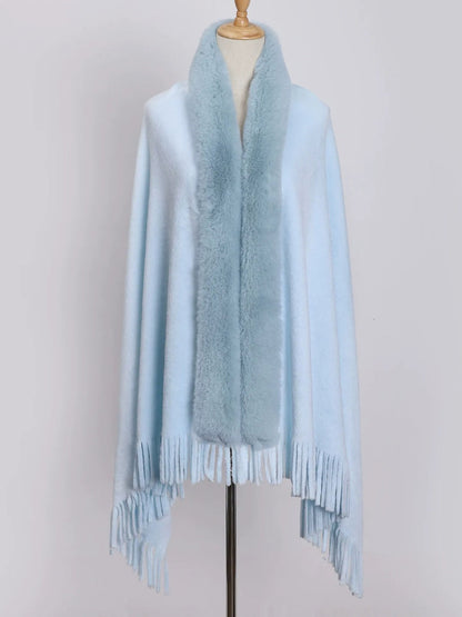 Women's Solid Colored Fur Warm Soft Shawl Cape with Tassels