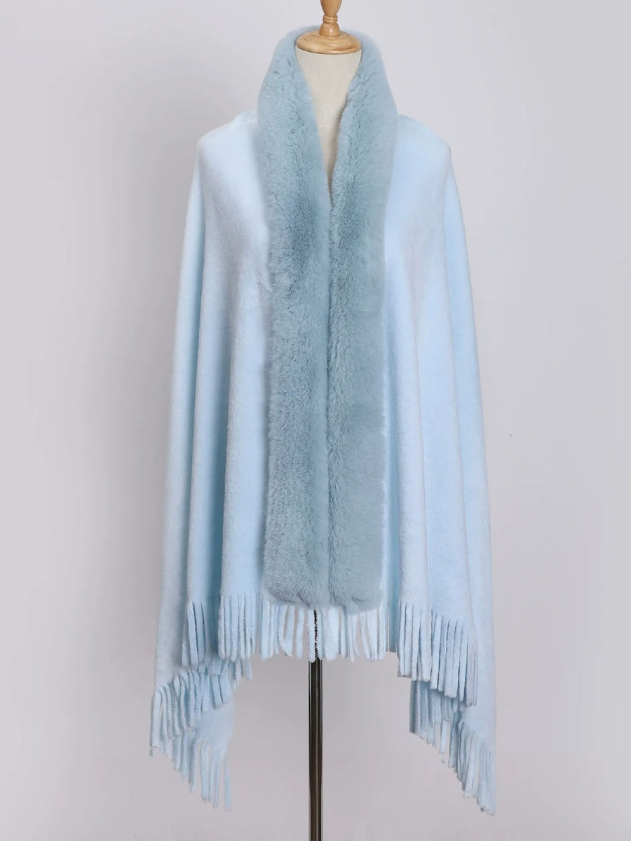 Women's Solid Colored Fur Warm Soft Shawl Cape with Tassels