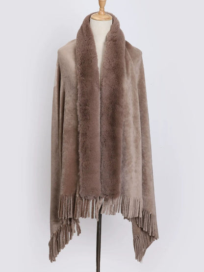 Women's Solid Colored Fur Warm Soft Shawl Cape with Tassels
