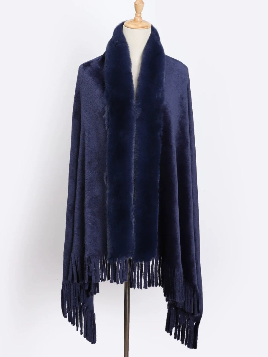 Women's Solid Colored Fur Warm Soft Shawl Cape with Tassels