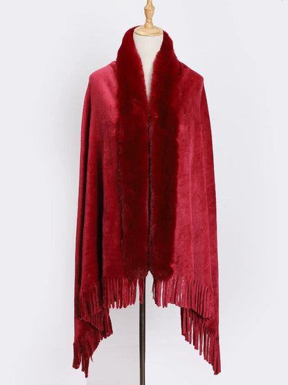 Women's Solid Colored Fur Warm Soft Shawl Cape with Tassels