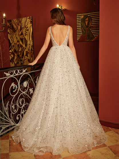 A-Line/Princess V-Neck Sleeveless Backless Long Formal Dresses