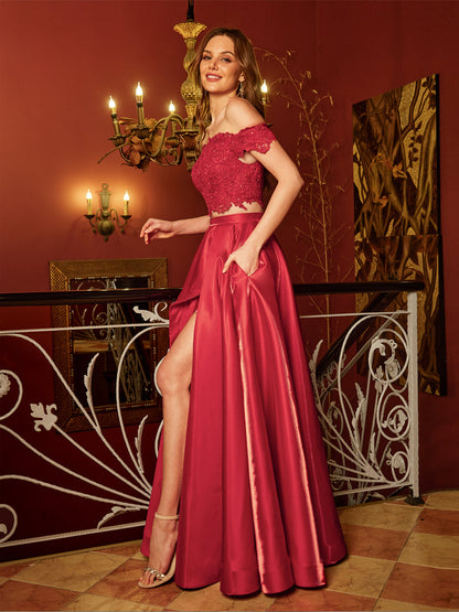 A-Line/Princess Off-the-Shoulder Applique Two Piece Long Formal Dresses