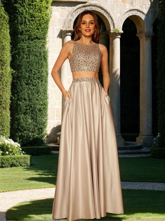 A-Line/Princess Scoop Sleeveless Two Piece Long Formal Dresses