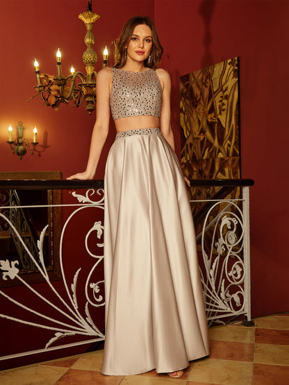 A-Line/Princess Scoop Sleeveless Two Piece Long Formal Dresses