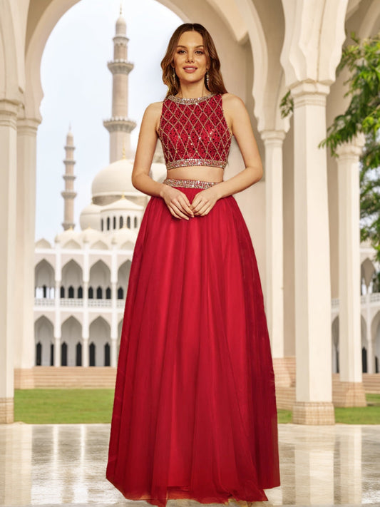 A-Line/Princess Scoop Sleeveless Tulle Sequins Two Piece Long Formal Dresses